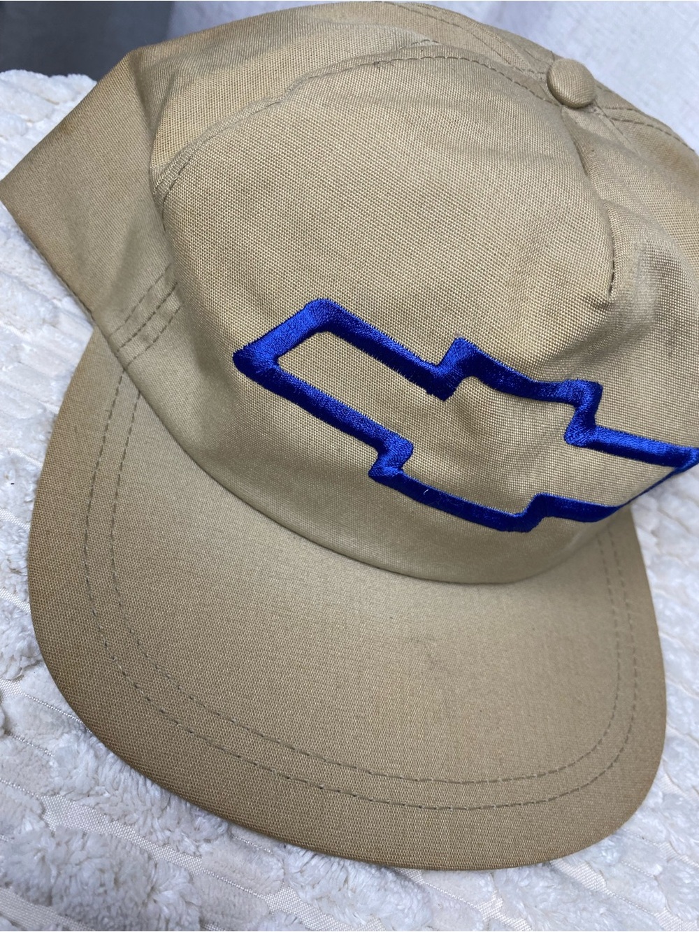 Vintage 90’s Chevrolet Bowtie Logo Hat Tan Khaki Blue Embroidered Snapback Cap